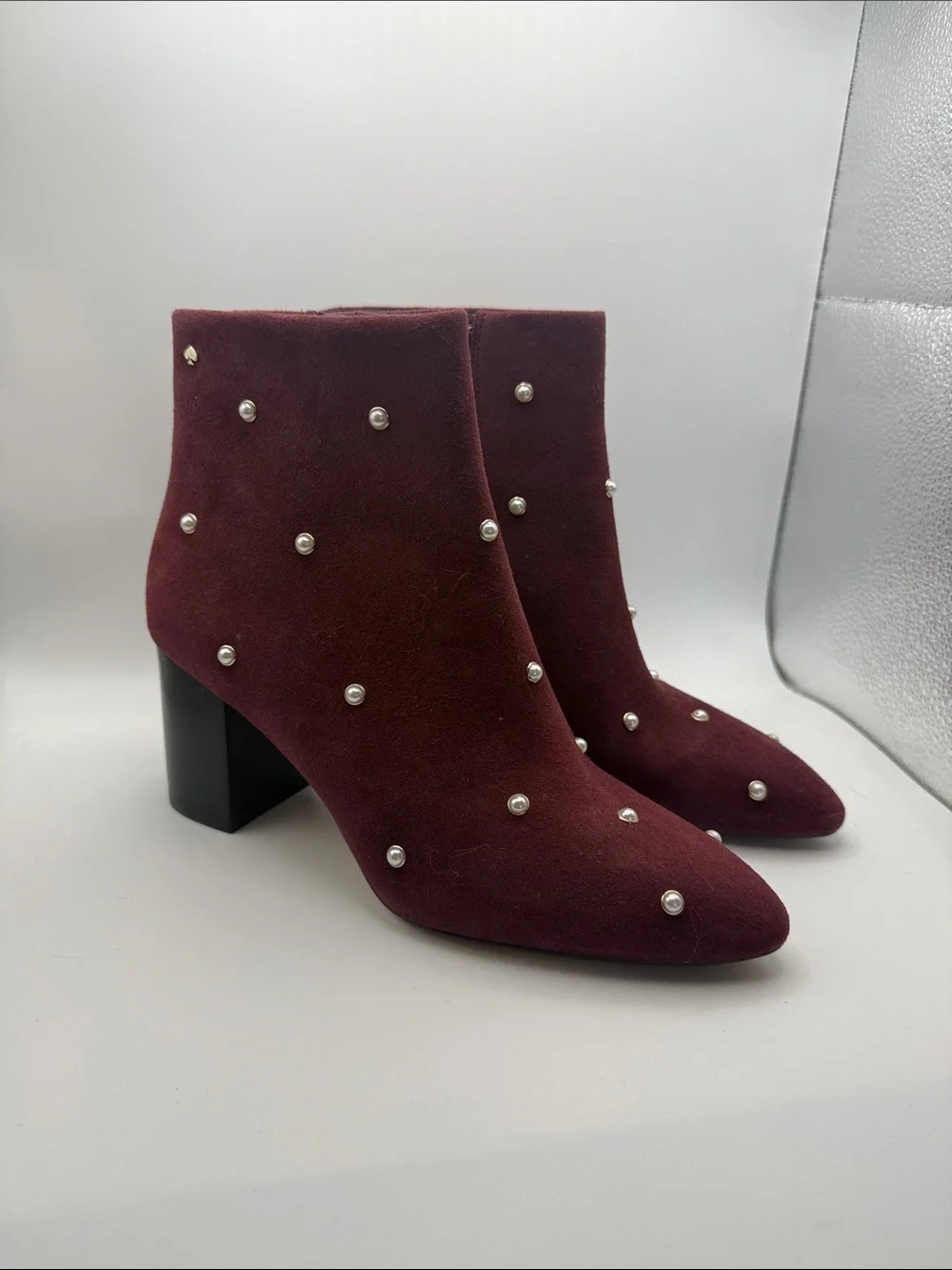 Like New Kate Spade Burgundy Pearl-Embellished Suede Ankle Boots Booties Size 6